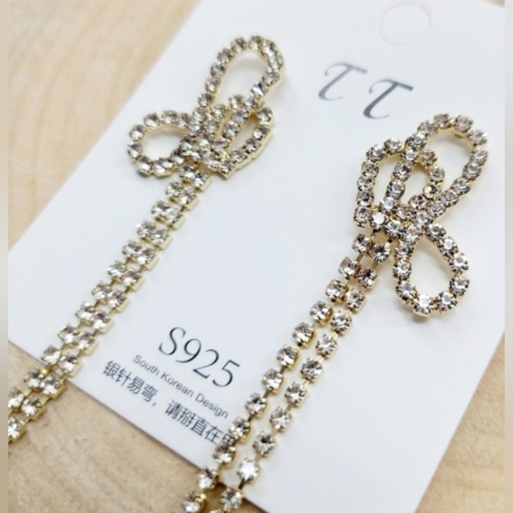 Long Dangle Bows Crystals Gold and Silver Earrings Dressy New Ribbons